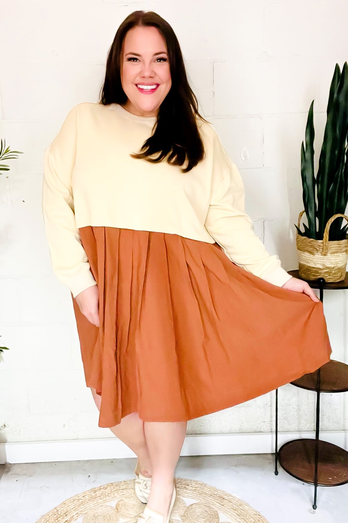 Cream & Rust 2-in-1 Pleated Dress