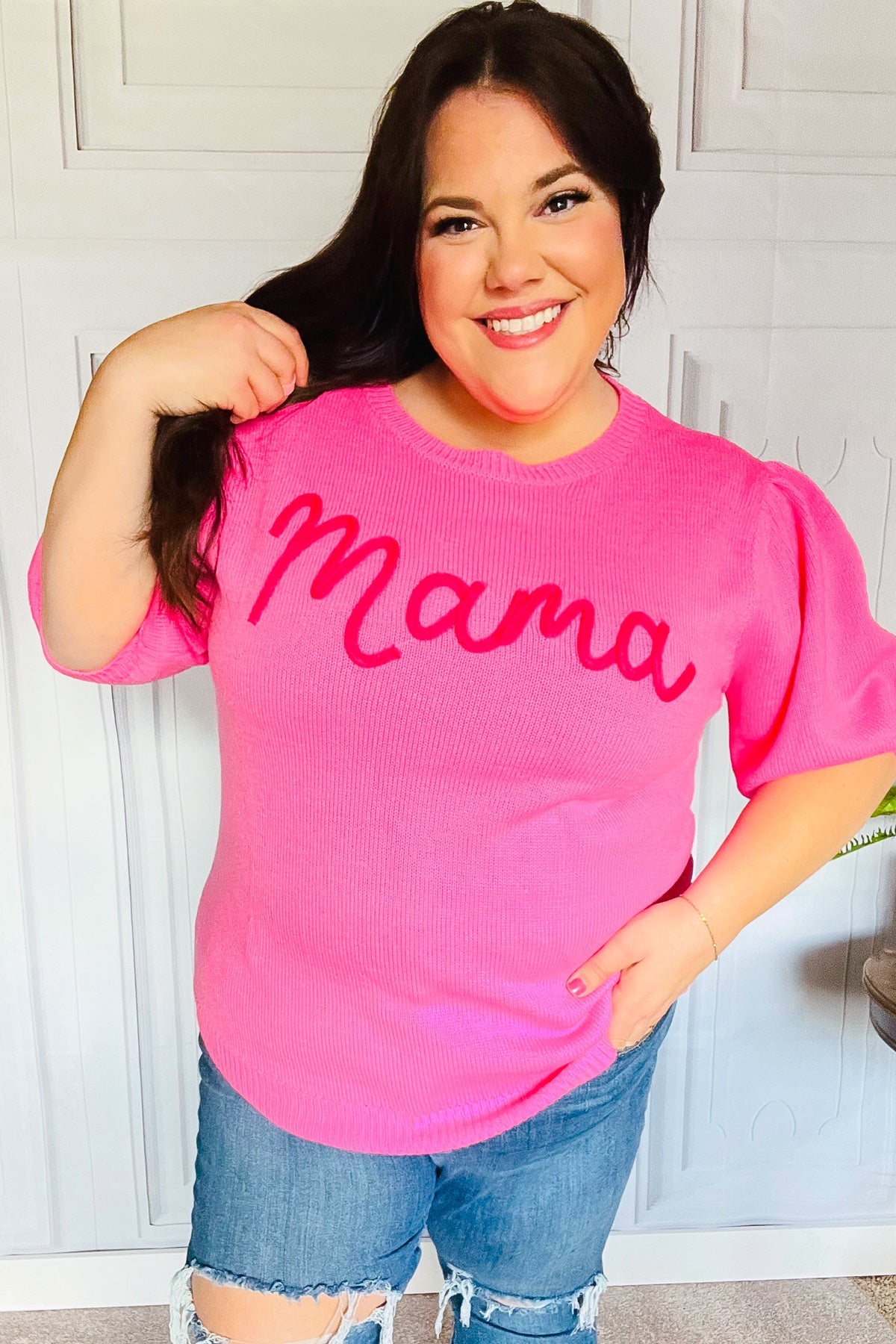 Pink "Mama" Embroidery Puff Sleeve Sweater Top