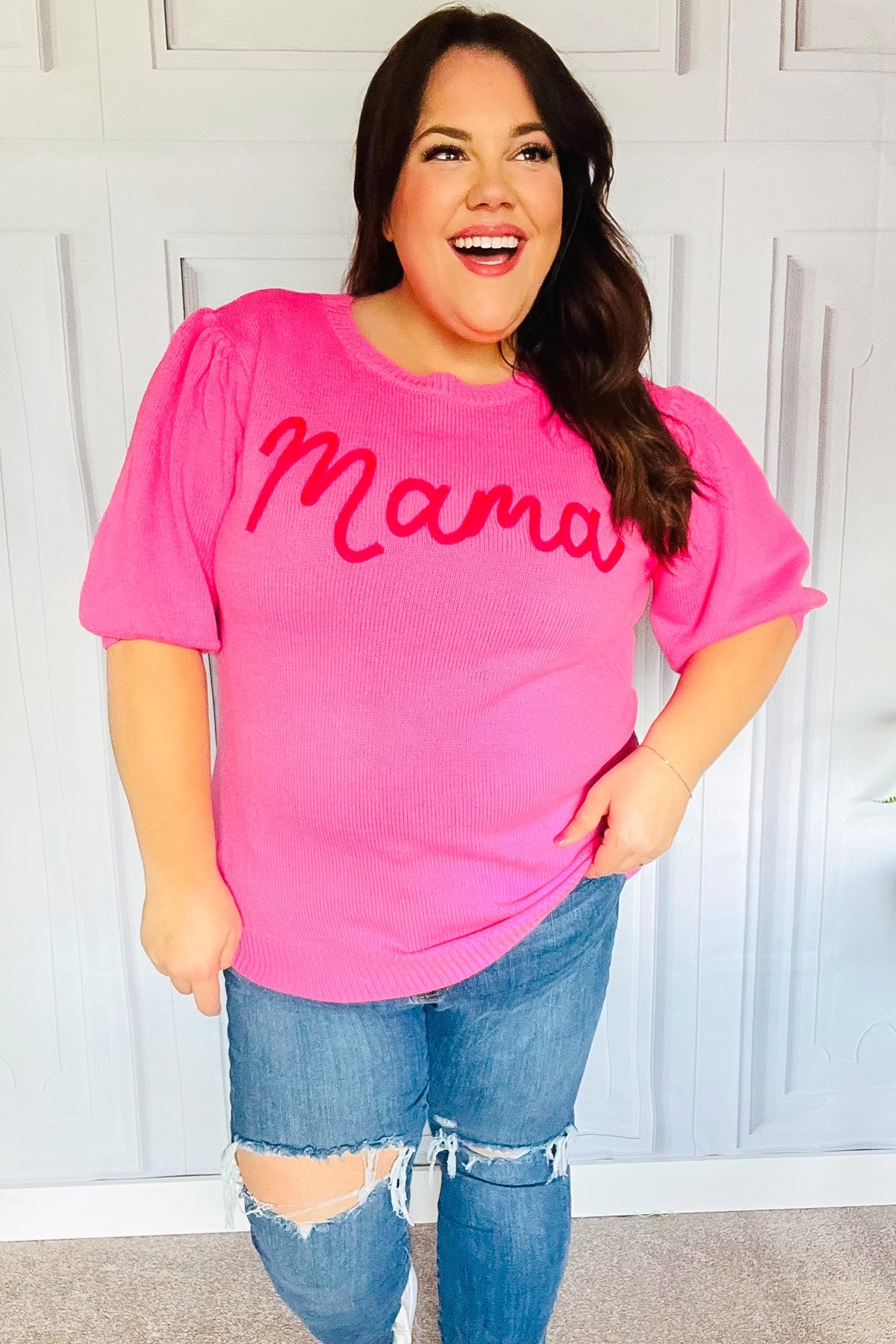 Pink "Mama" Embroidery Puff Sleeve Sweater Top
