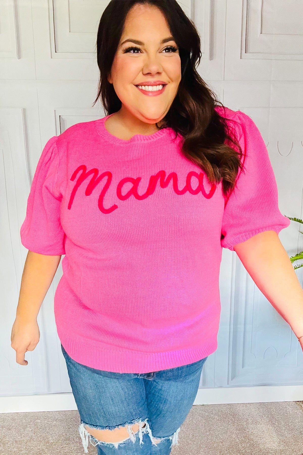 Pink "Mama" Embroidery Puff Sleeve Sweater Top