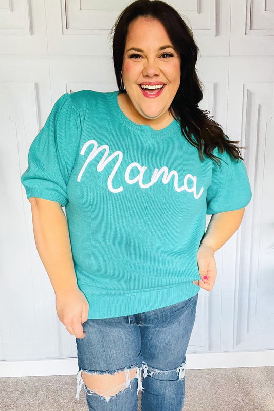 Mint "Mama" Embroidery Pop-Up Puff Sleeve Sweater Top