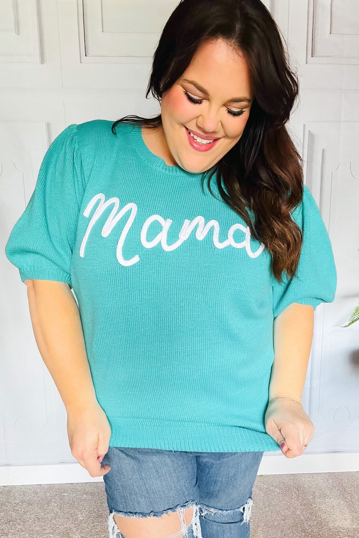 Mint "Mama" Embroidery Puff Sleeve Sweater Top