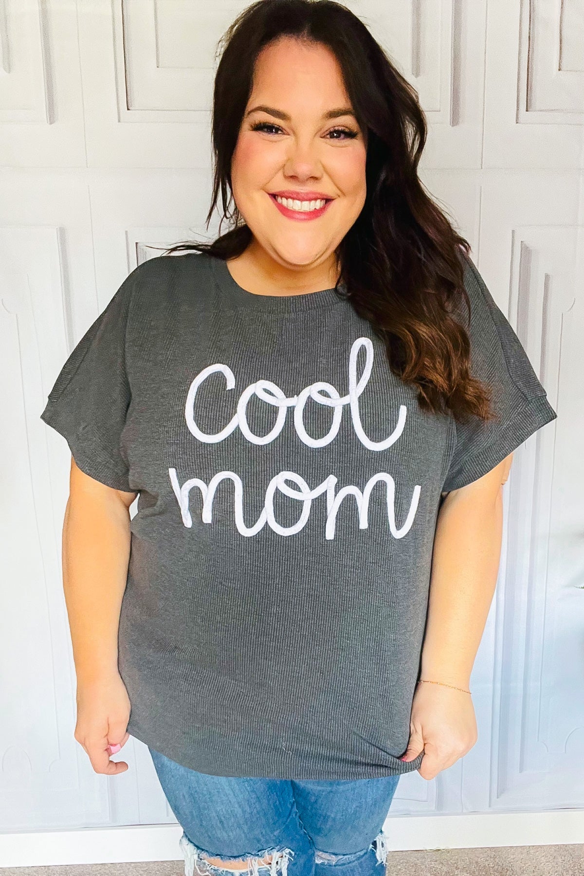 Charcoal "Cool Mom" Embroidery Pop-Up Rib Dolman Top