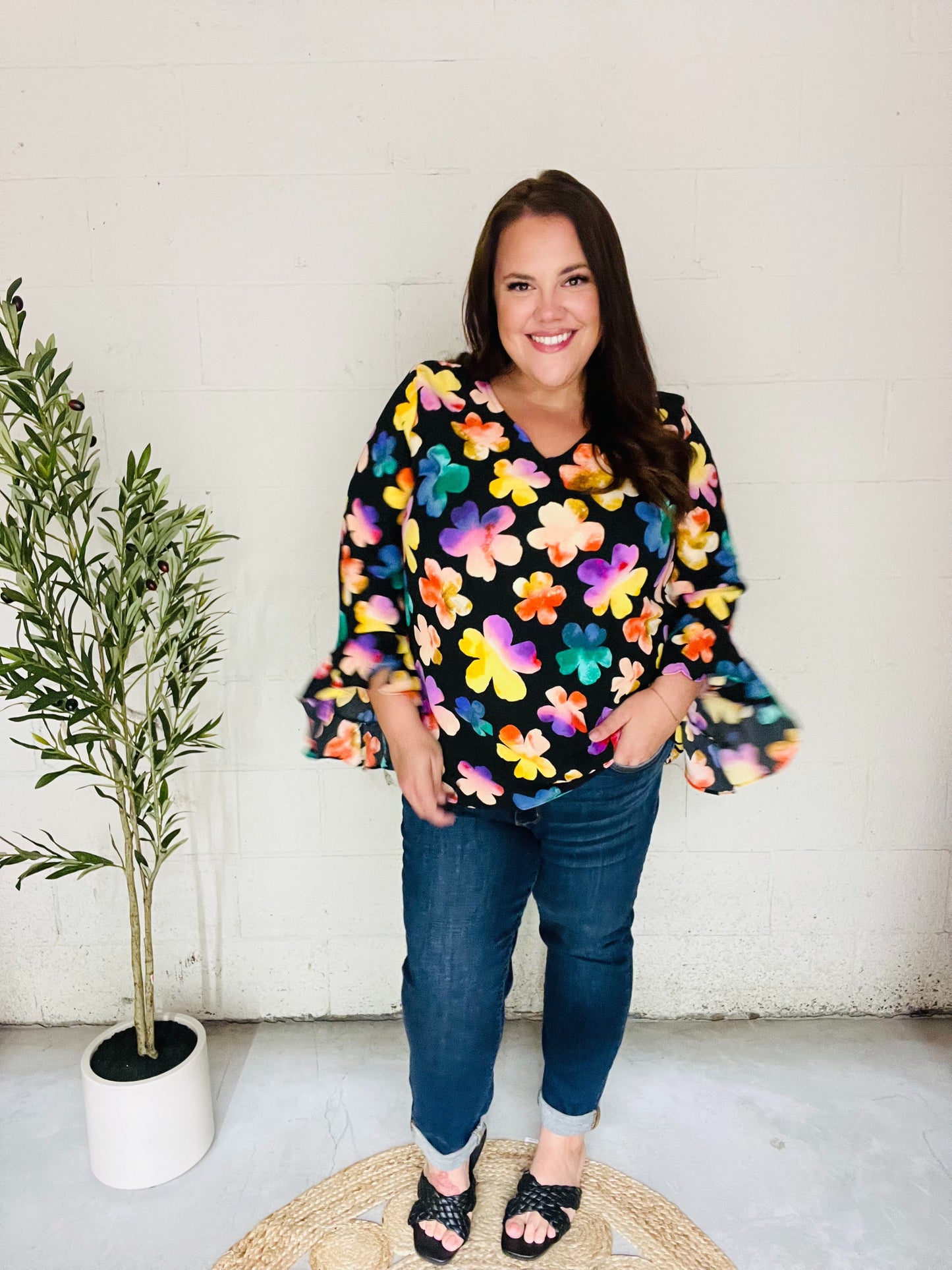 Black Floral Hi-Lo Ruffle Sleeve Woven Top