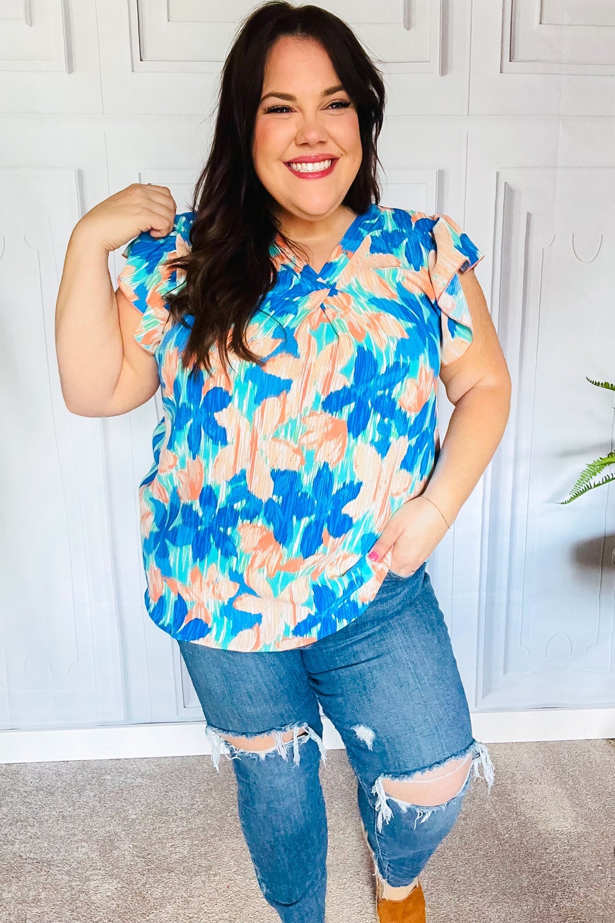 Turquoise Floral Banded V Neck Flutter Sleeve Top