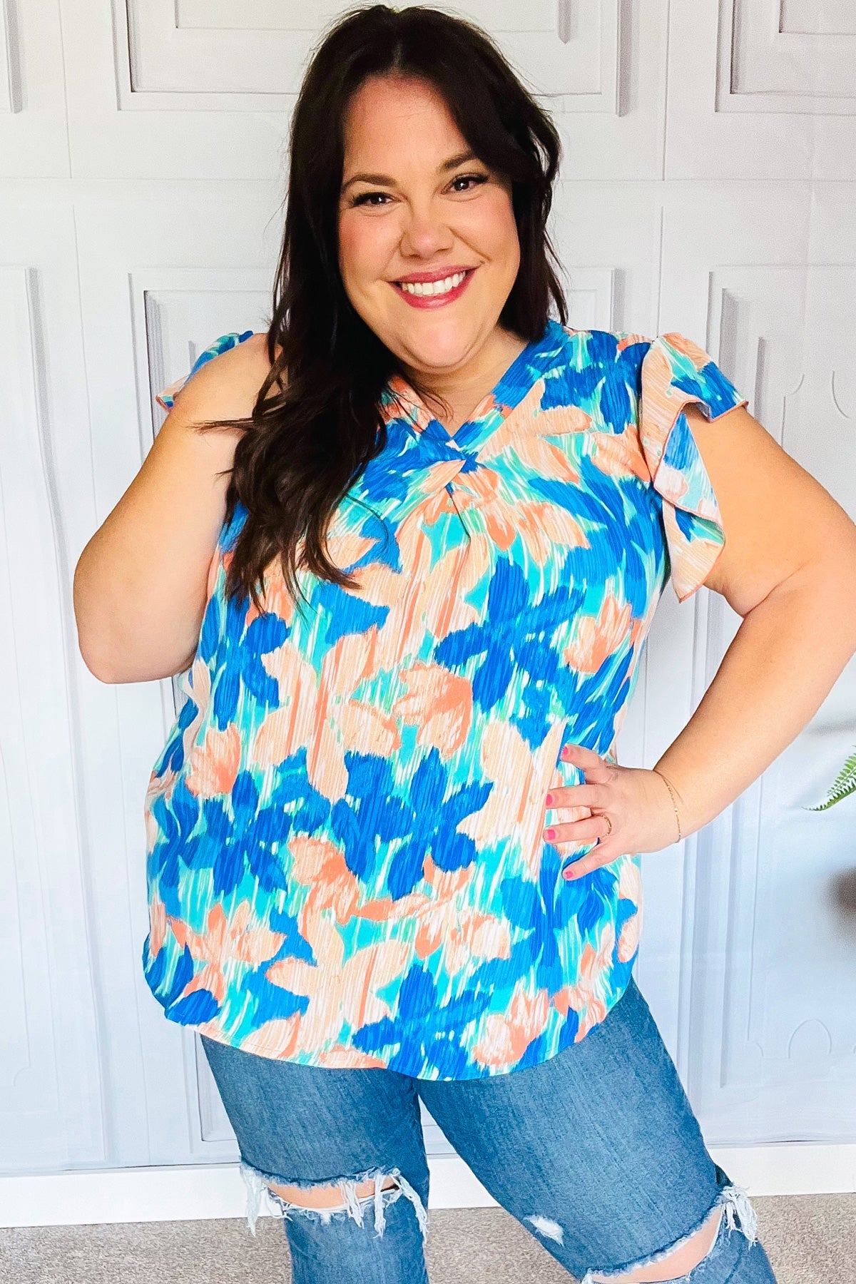 Turquoise Floral Banded V Neck Flutter Sleeve Top