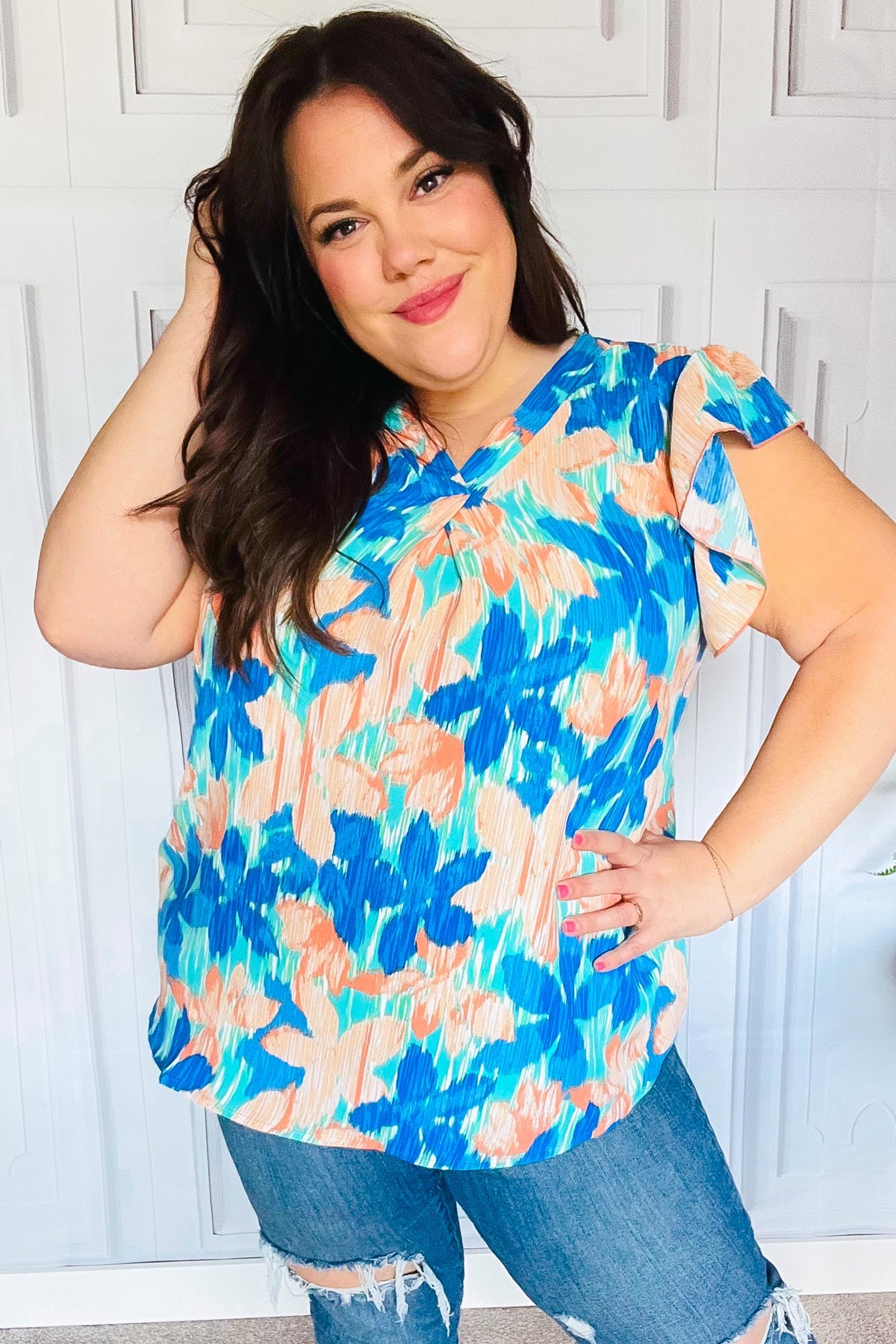 Turquoise Floral Banded V Neck Flutter Sleeve Top