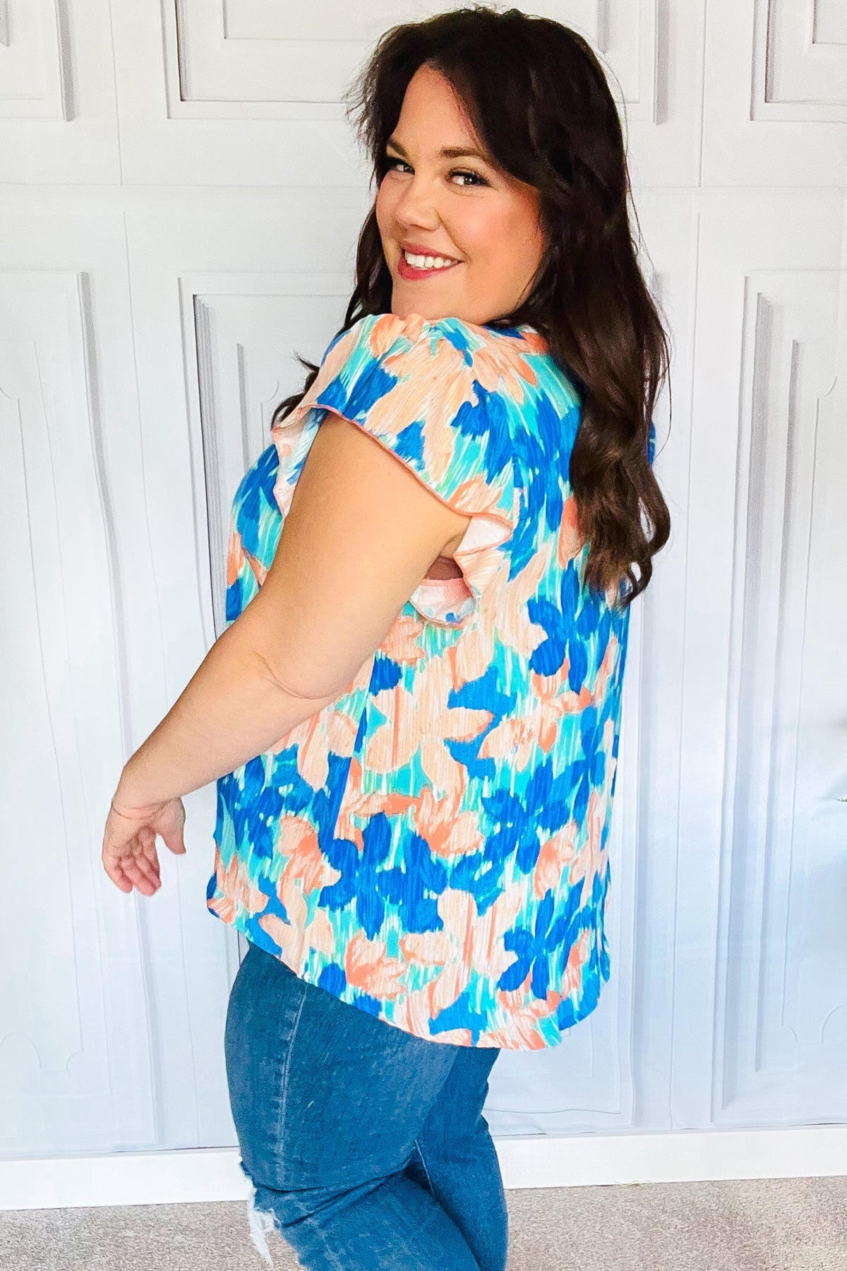 Turquoise Floral Banded V Neck Flutter Sleeve Top