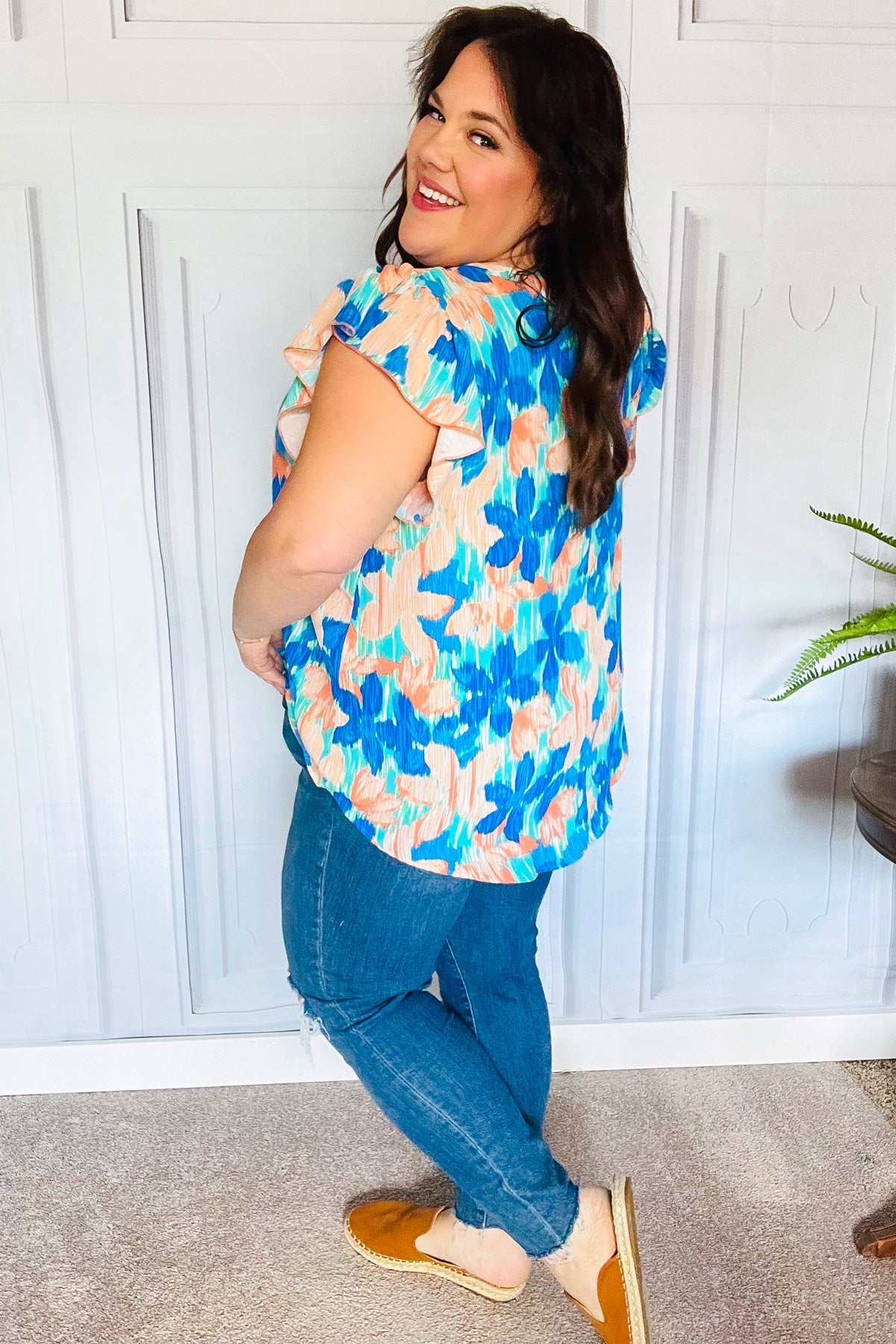 Turquoise Floral Banded V Neck Flutter Sleeve Top