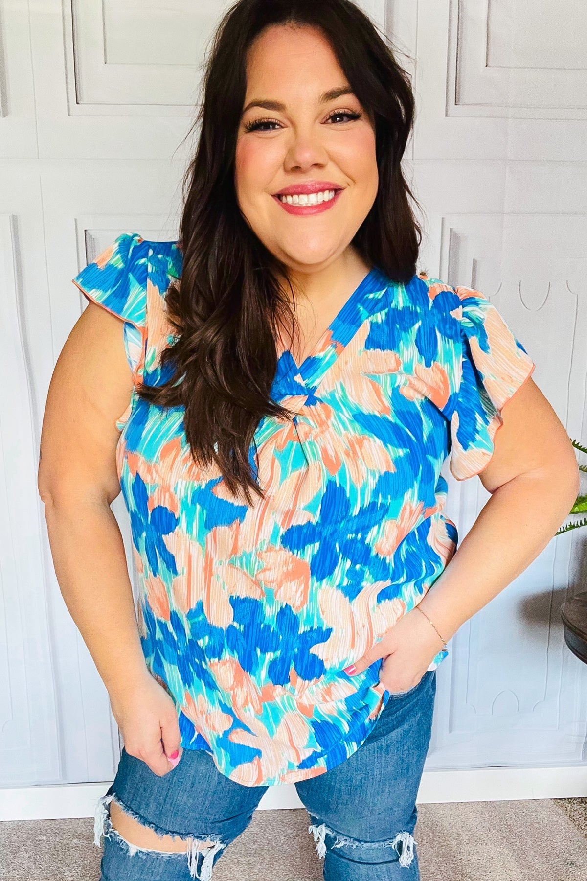 Turquoise Floral Banded V Neck Flutter Sleeve Top