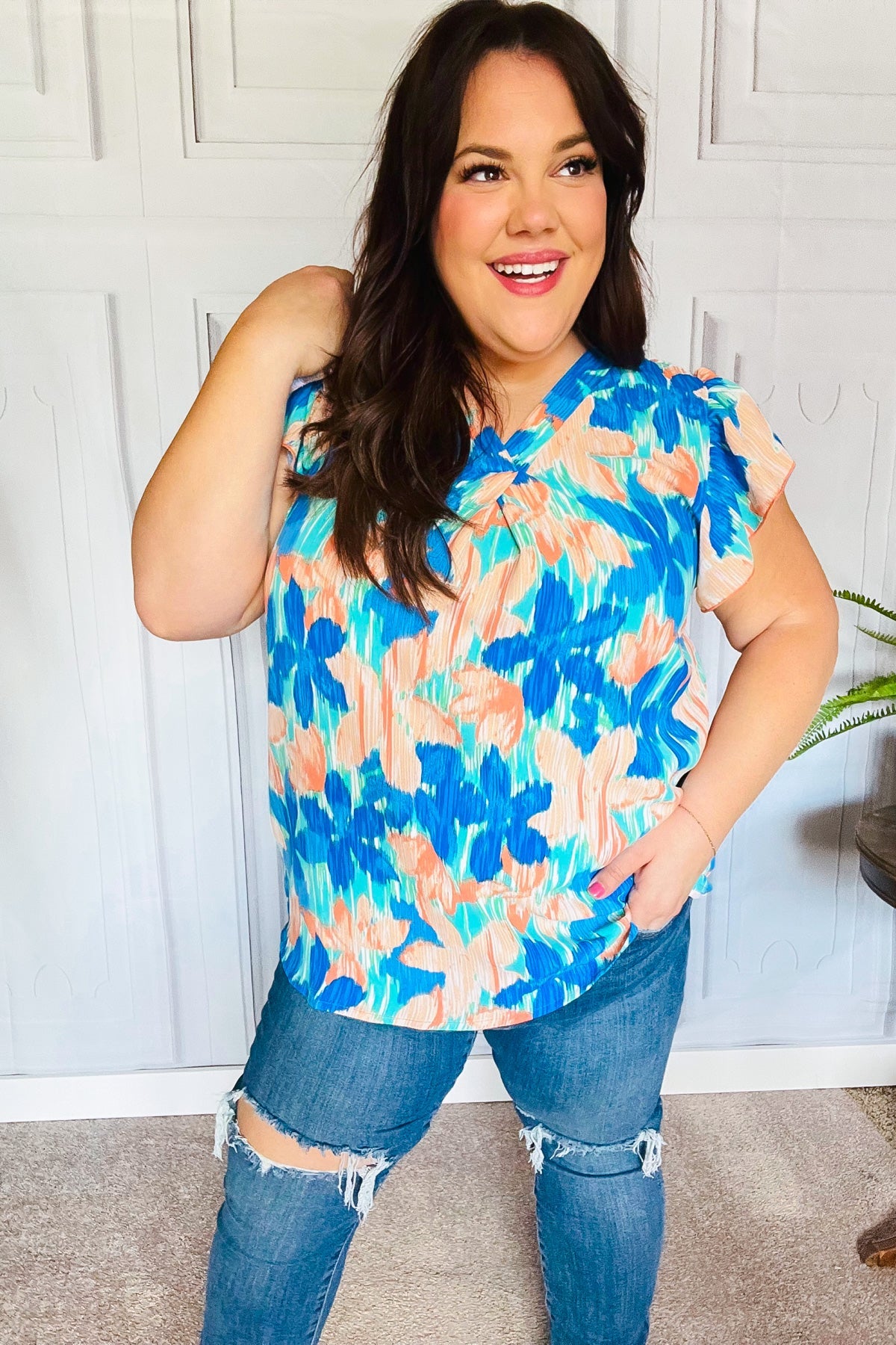 Turquoise Floral Banded V Neck Flutter Sleeve Top