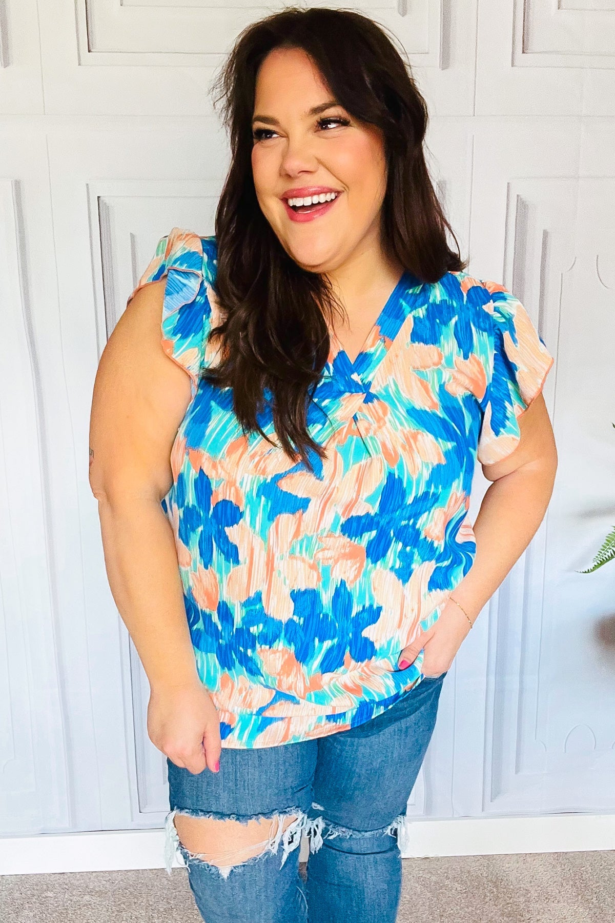 Turquoise Floral Banded V Neck Flutter Sleeve Top