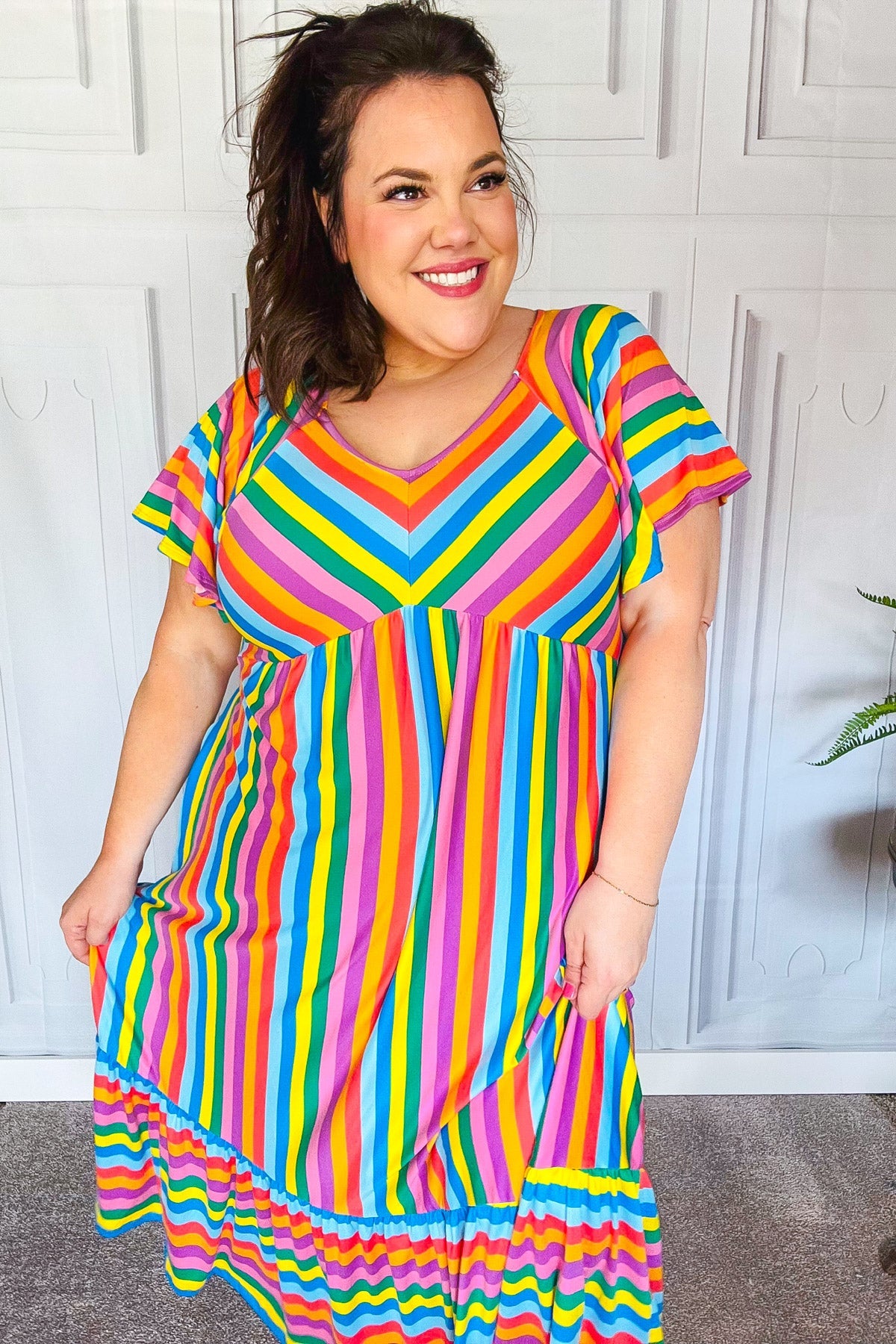Rainbow Stripe Flutter Sleeve Fit & Flare Midi Dress
