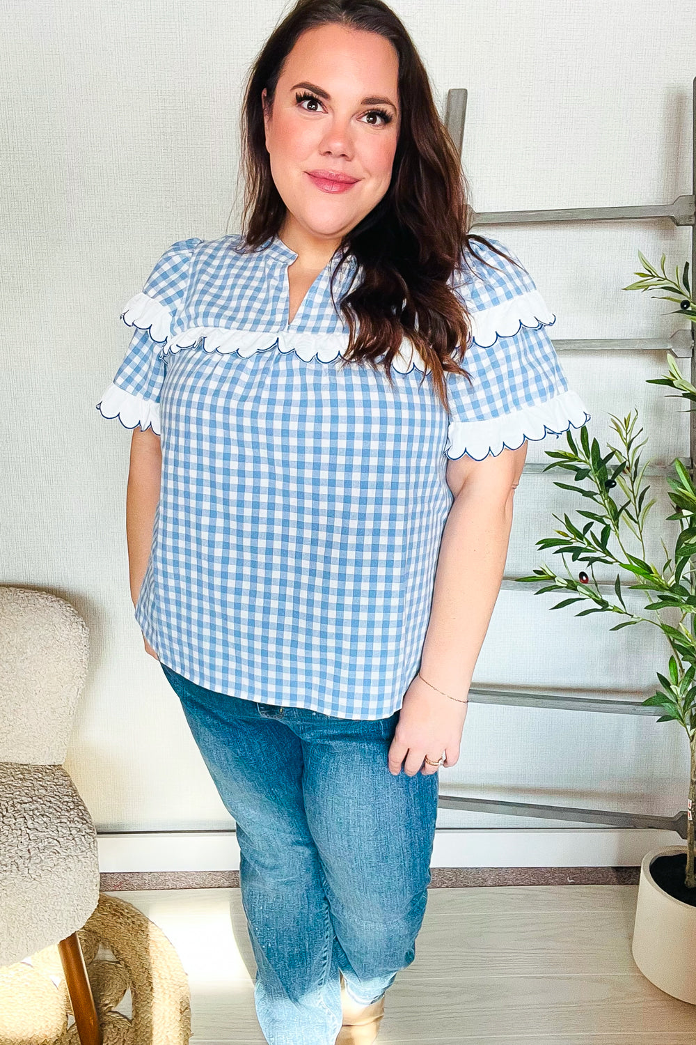 Cotton Blue Gingham Shirred Notched Neck Top