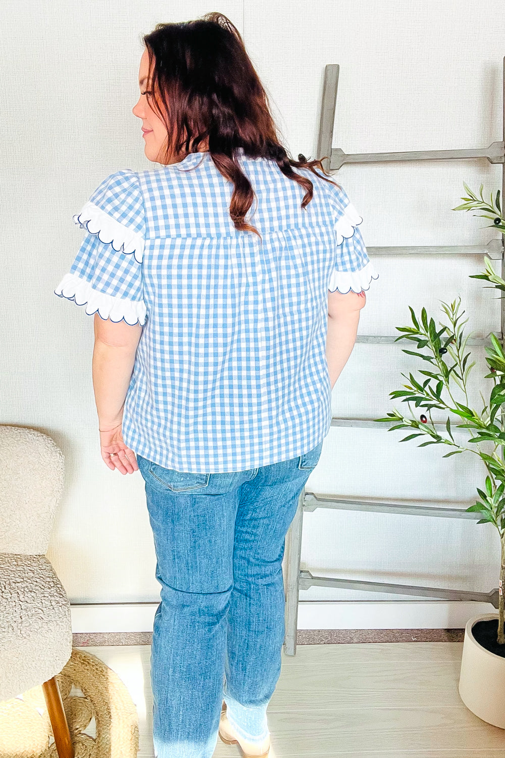 Cotton Blue Gingham Shirred Notched Neck Top