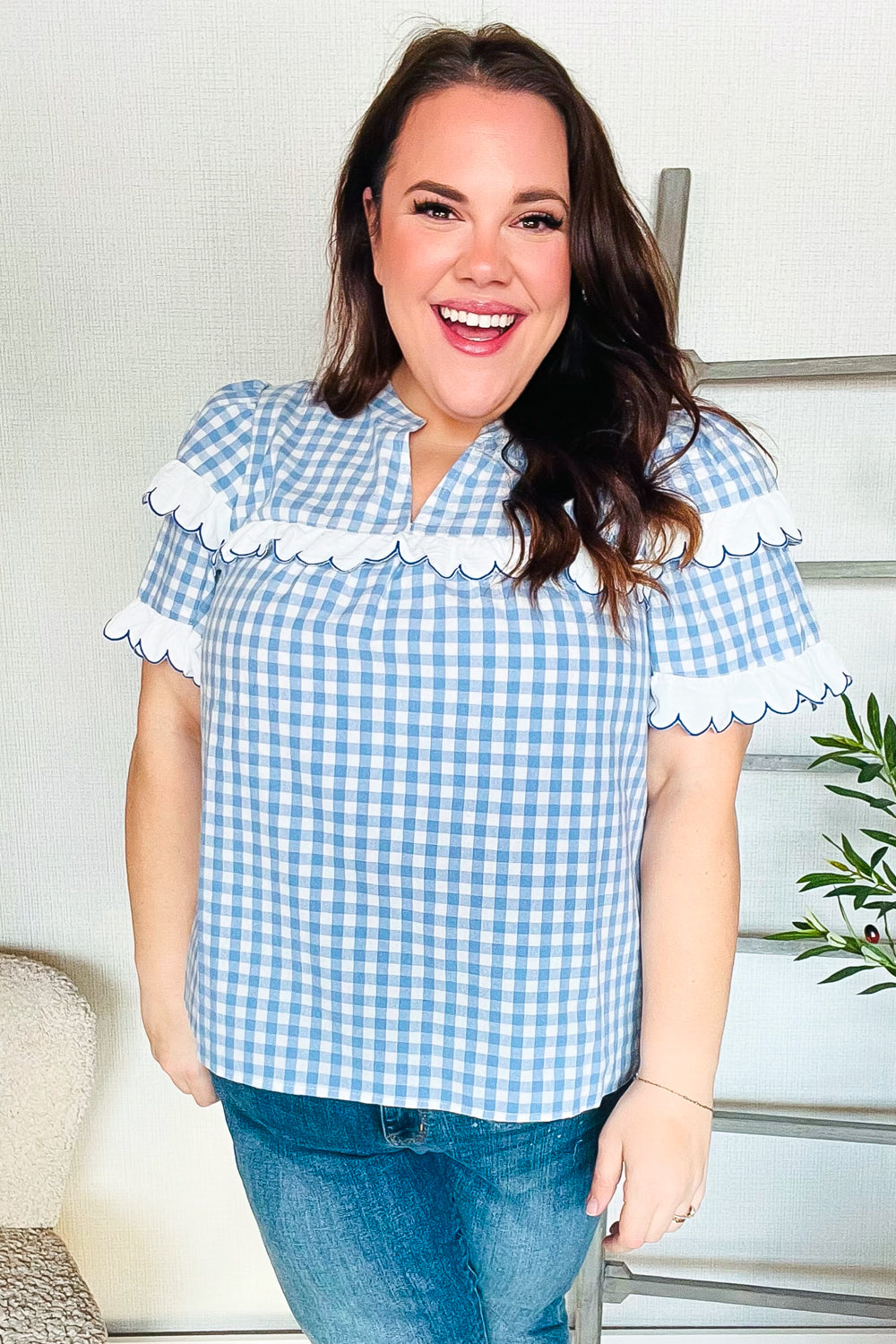 Cotton Blue Gingham Shirred Notched Neck Top