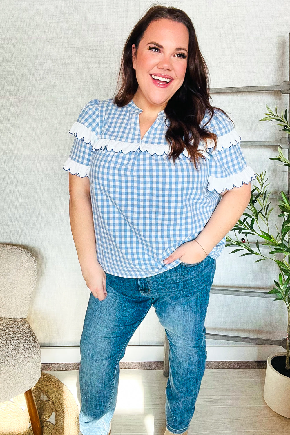 Cotton Blue Gingham Shirred Notched Neck Top