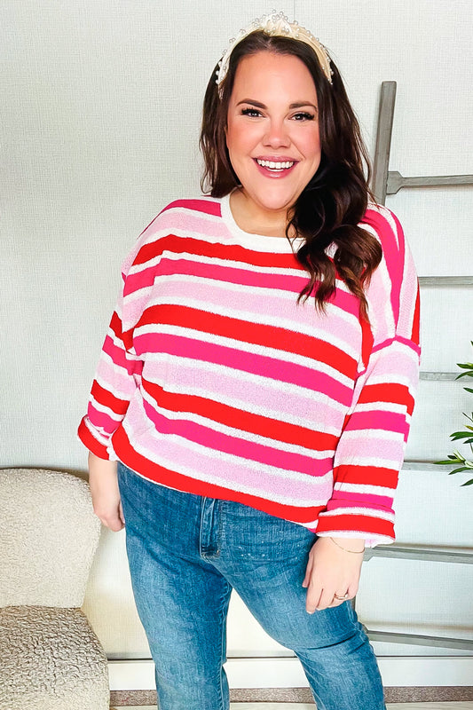 Red Pink Stripe Loose Ribbed Knit Sweater