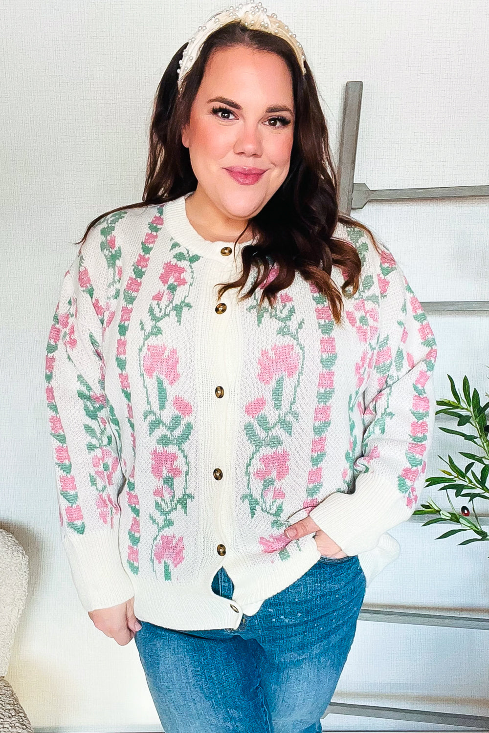 Ivory Floral Jacquard Button Cardigan