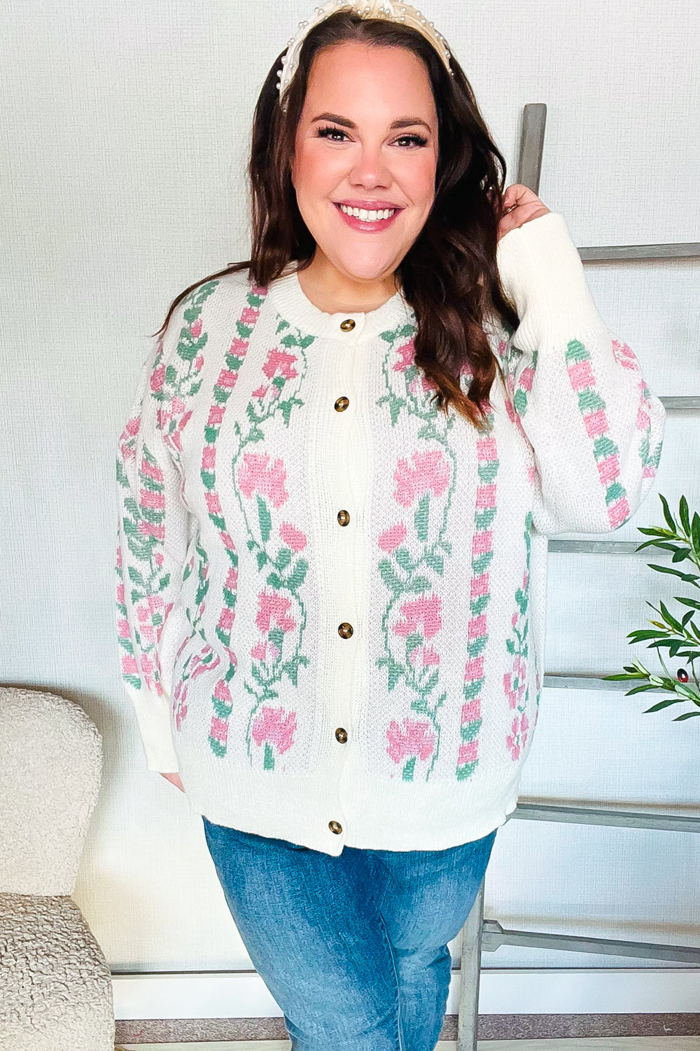 Ivory Floral Jacquard Button Cardigan