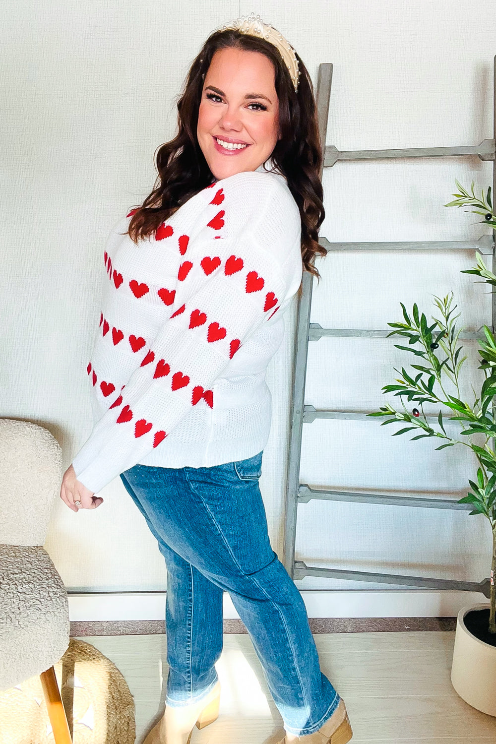 White Heart Stripe Jacquard Sweater