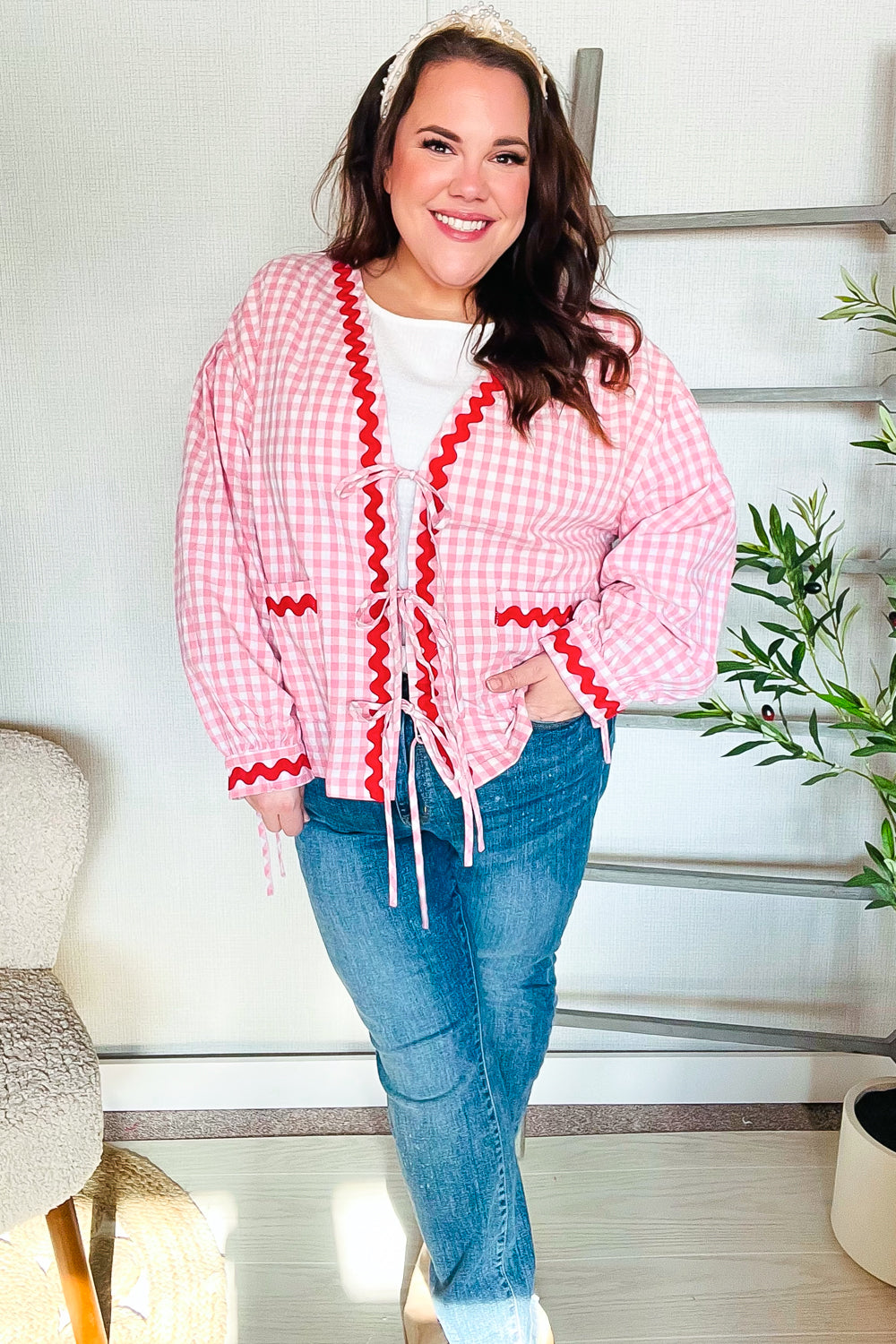 Pink Gingham Red Wavy Trim Front Tie Jacket