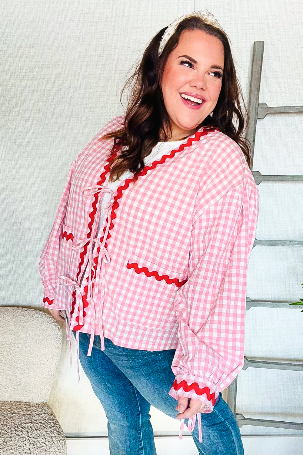 Pink Gingham Red Wavy Trim Front Tie Jacket