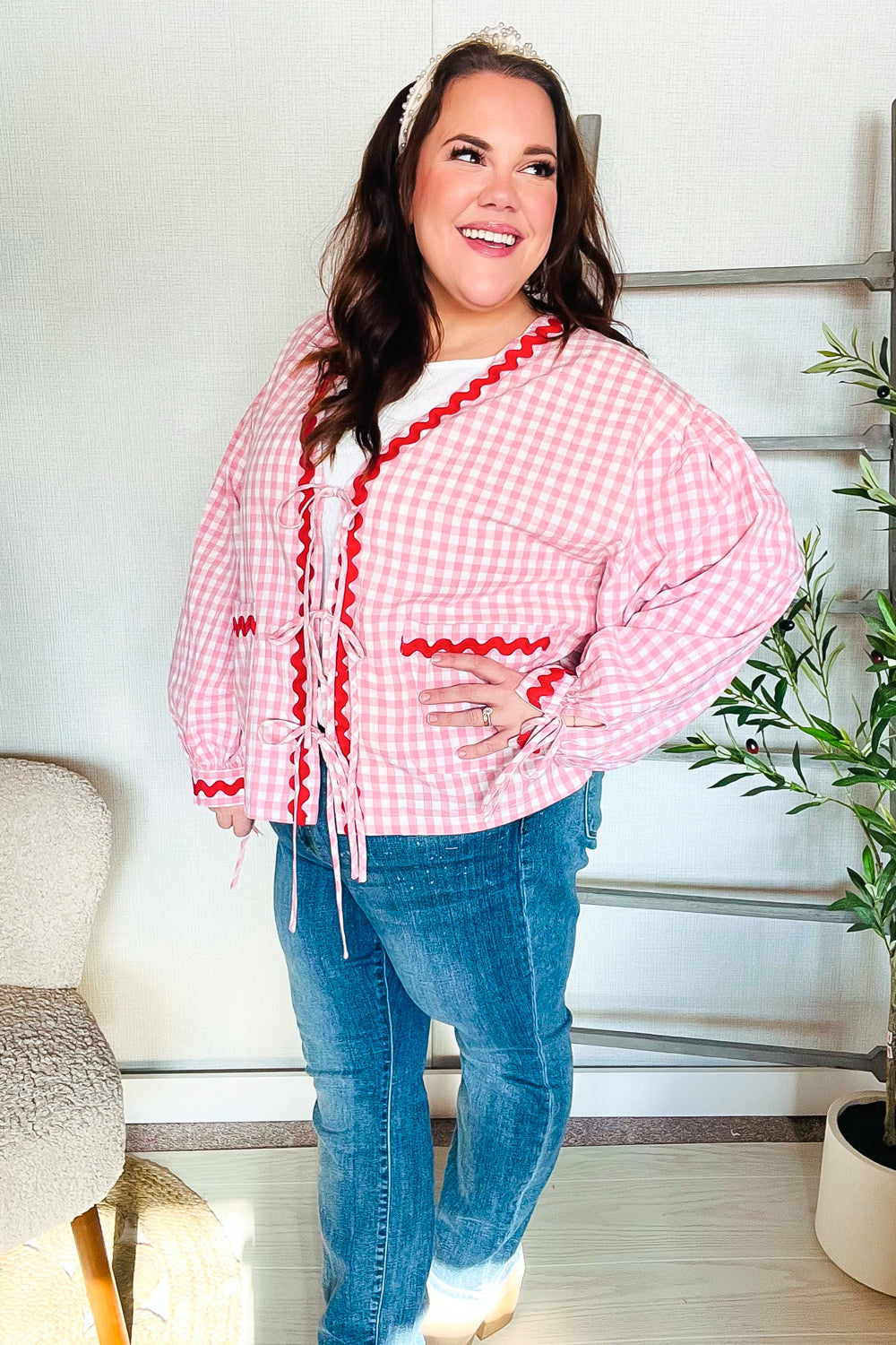 Pink Gingham Red Wavy Trim Front Tie Jacket