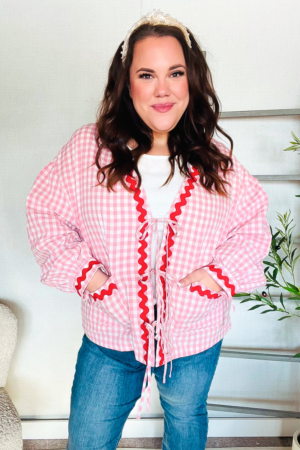 Pink Gingham Red Wavy Trim Front Tie Jacket