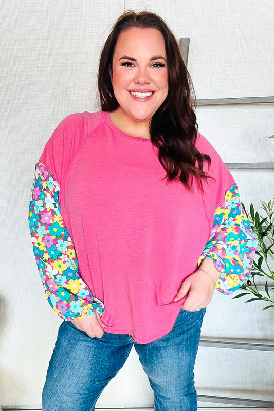 Pink French Terry Floral Bubble Sleeve Top