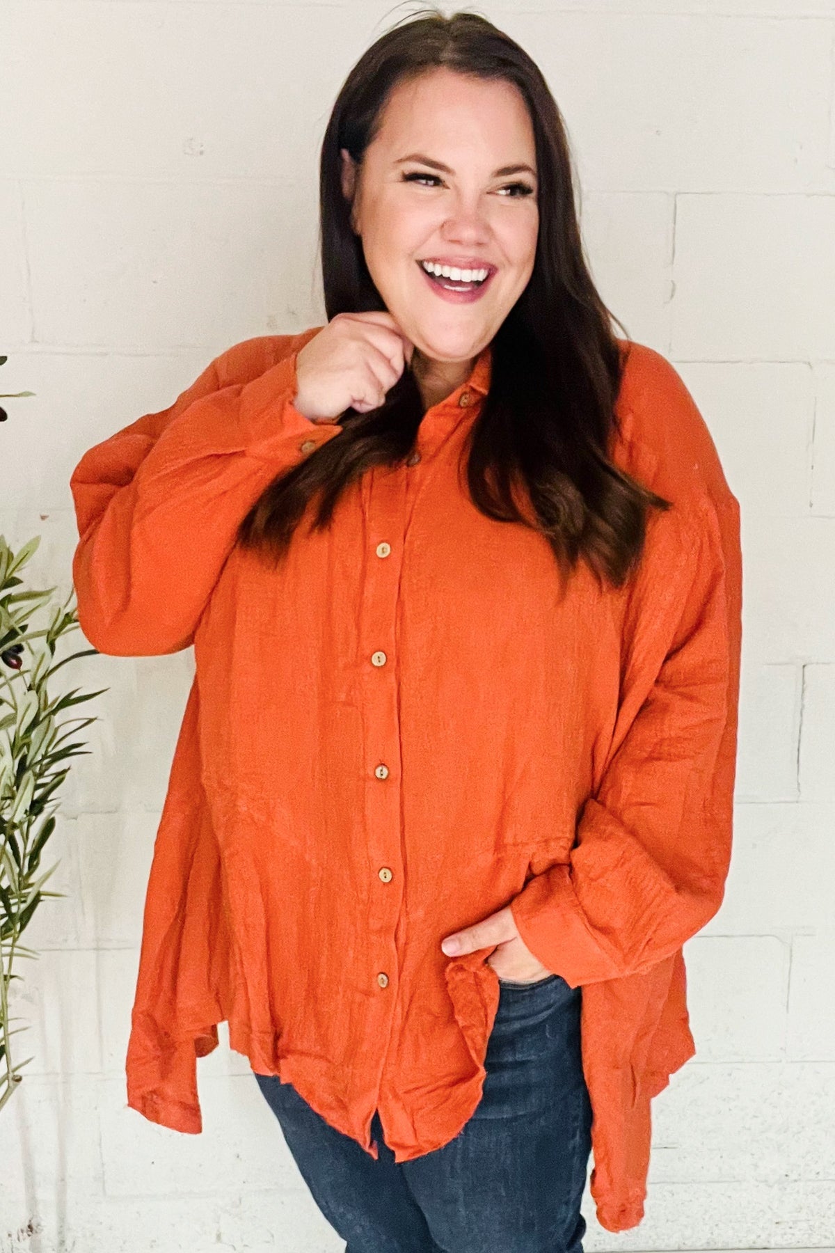 Rust Button Down Sharkbite Cotton Tunic Shirt