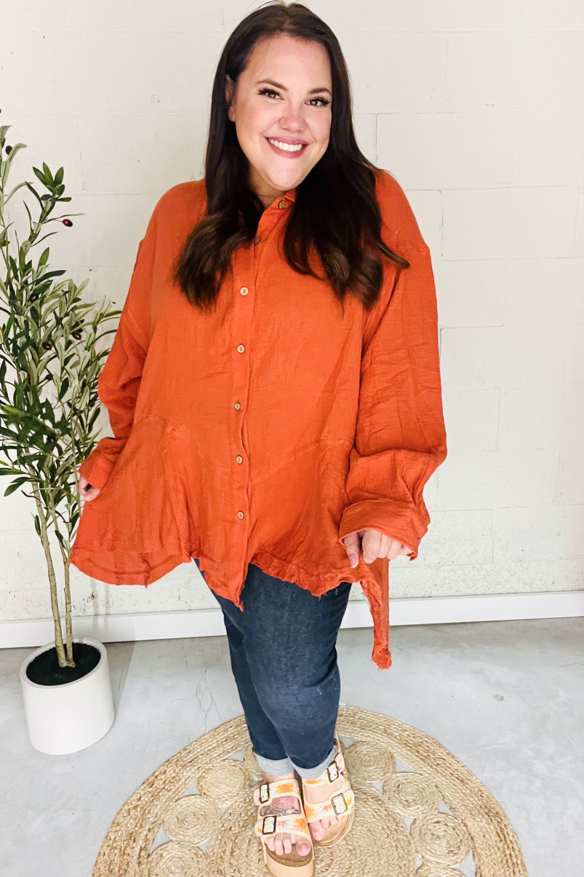 Rust Button Down Sharkbite Cotton Tunic Shirt