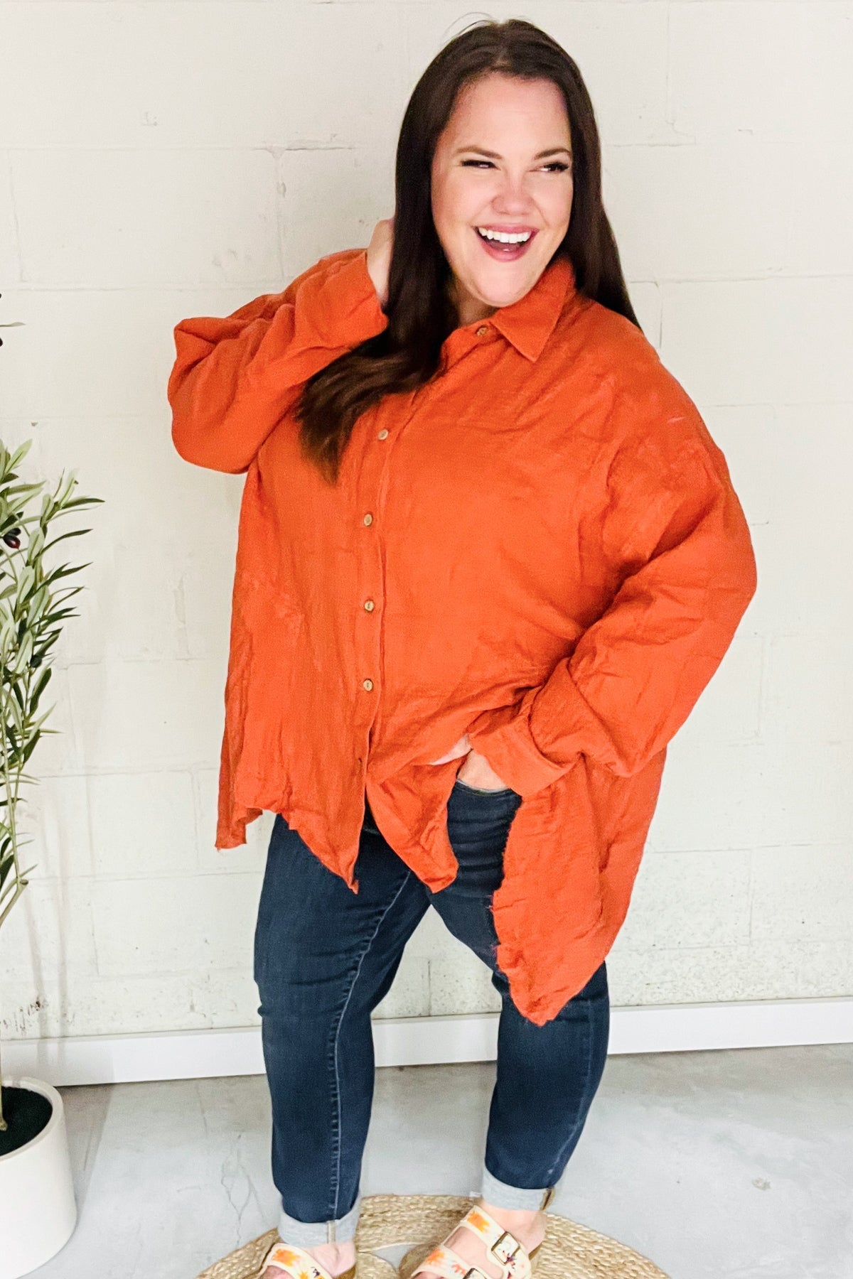 Rust Button Down Sharkbite Cotton Tunic Shirt