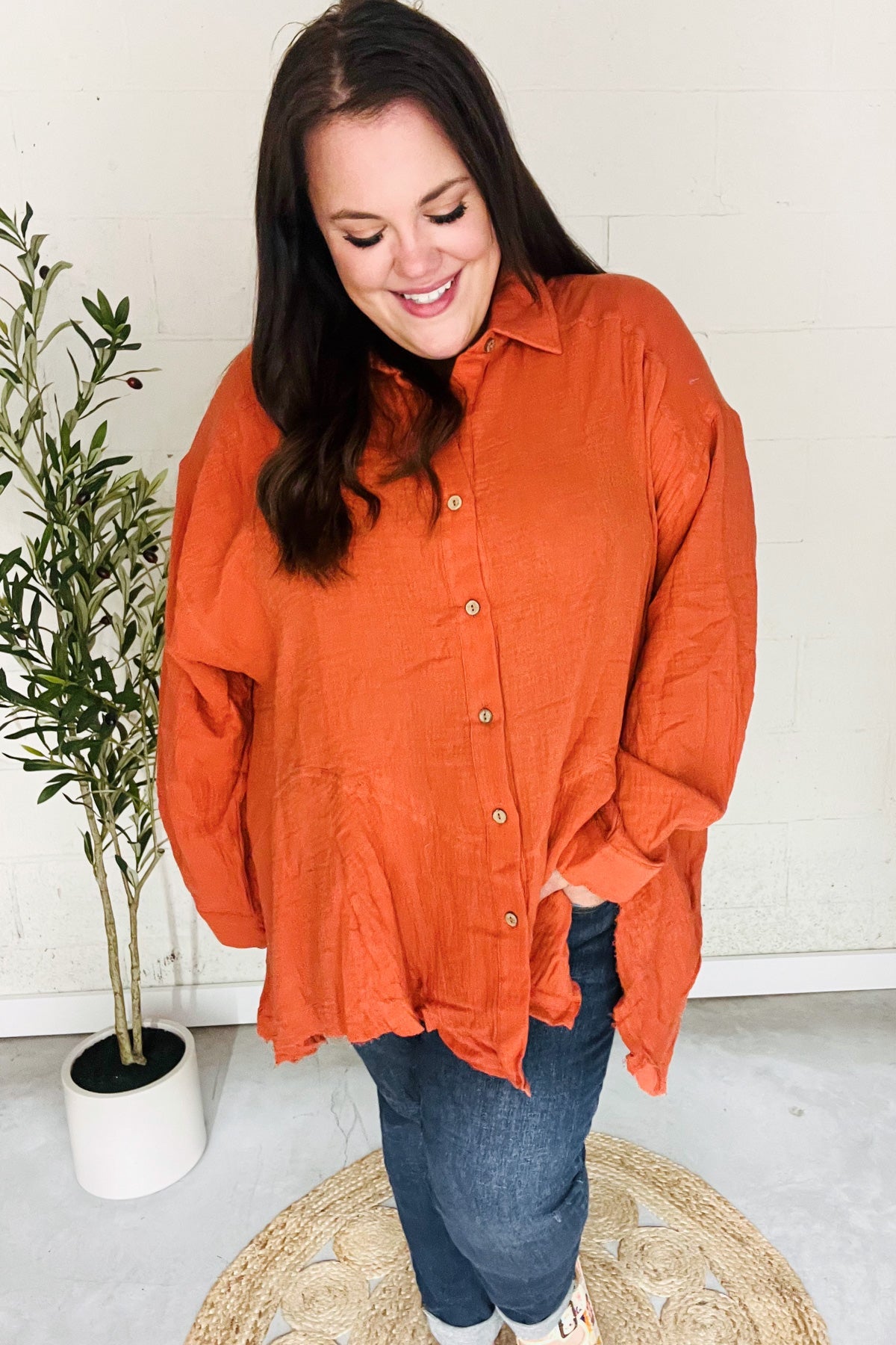 Rust Button Down Sharkbite Cotton Tunic Shirt