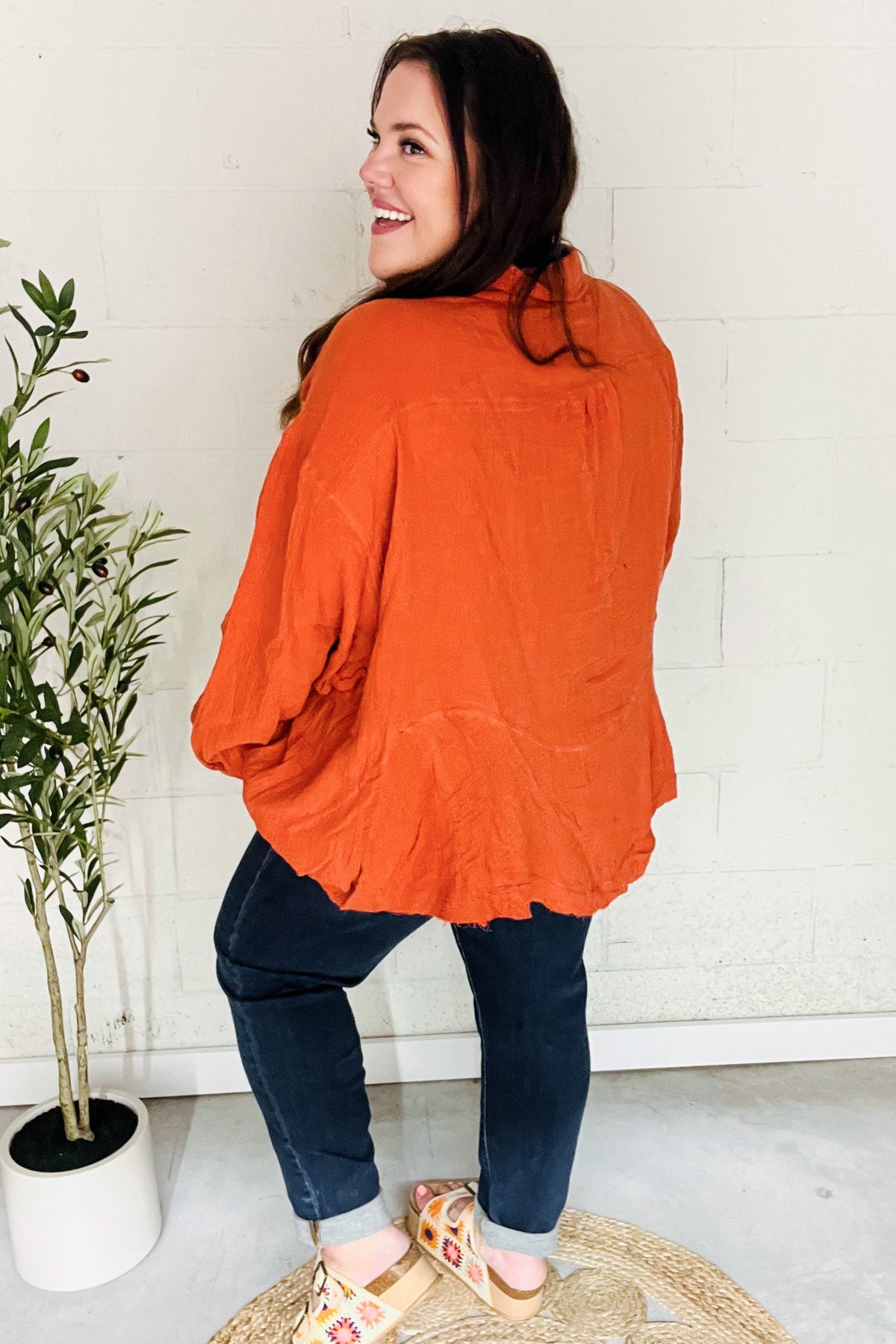 Rust Button Down Sharkbite Cotton Tunic Shirt