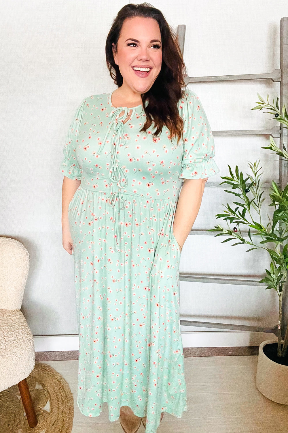 Mint Ditsy Floral Front Tie Maxi Dress