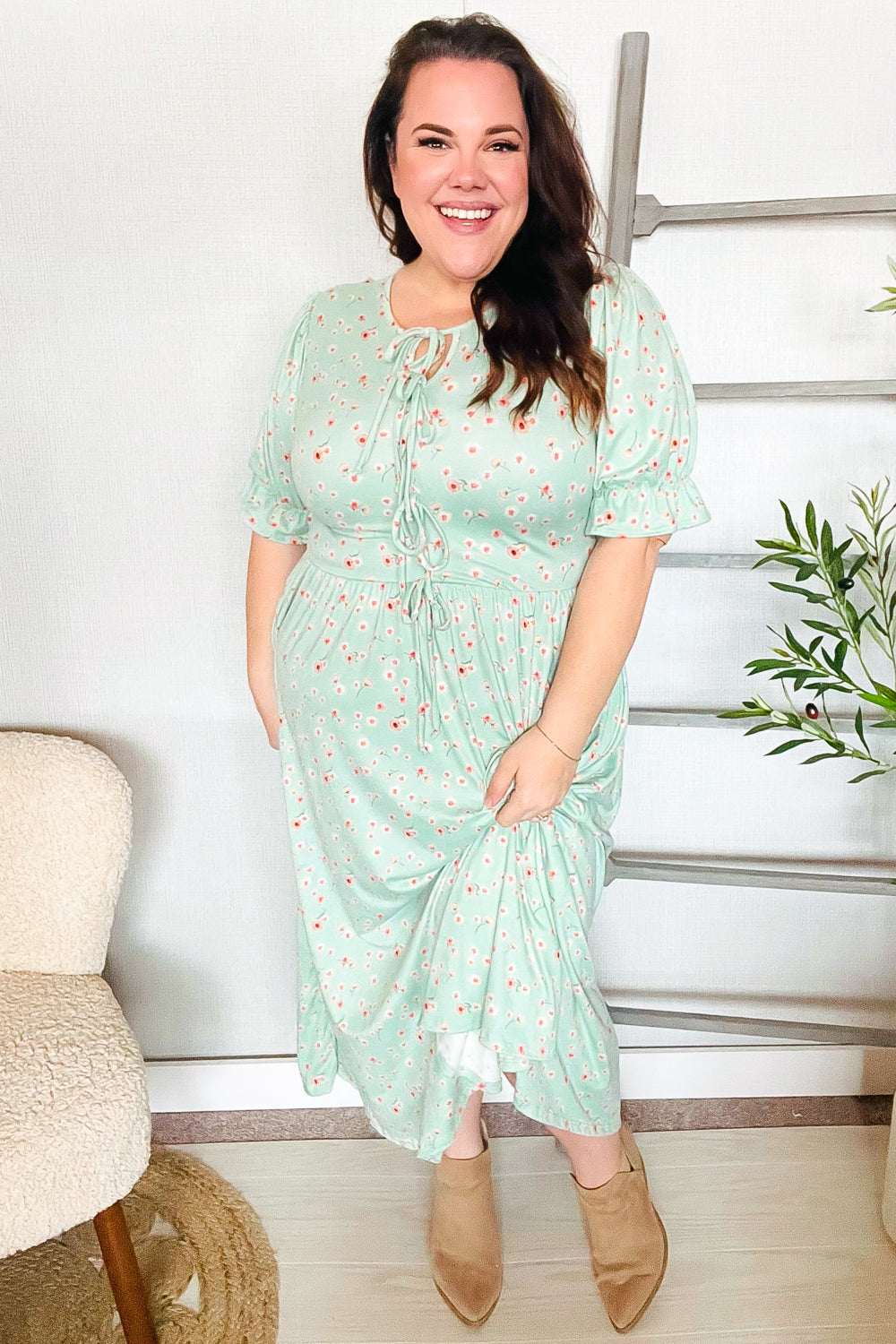 Mint Ditsy Floral Front Tie Maxi Dress