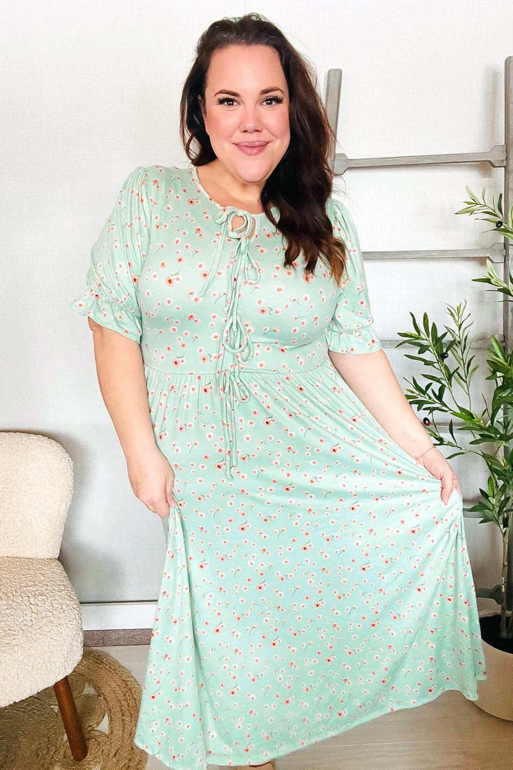 Mint Ditsy Floral Front Tie Maxi Dress