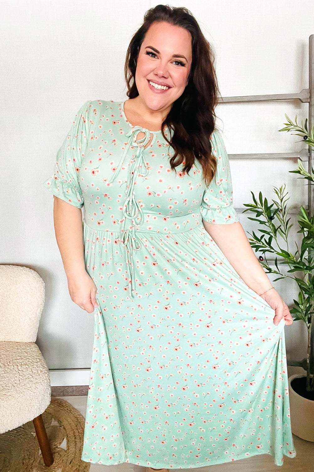 Mint Ditsy Floral Front Tie Maxi Dress