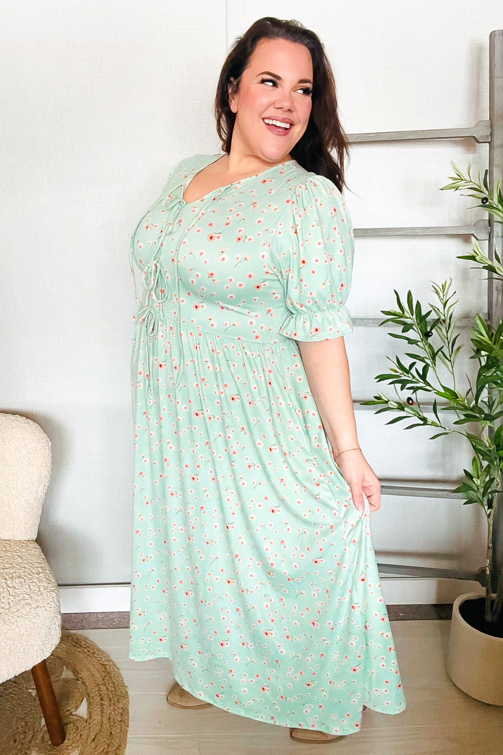 Mint Ditsy Floral Front Tie Maxi Dress