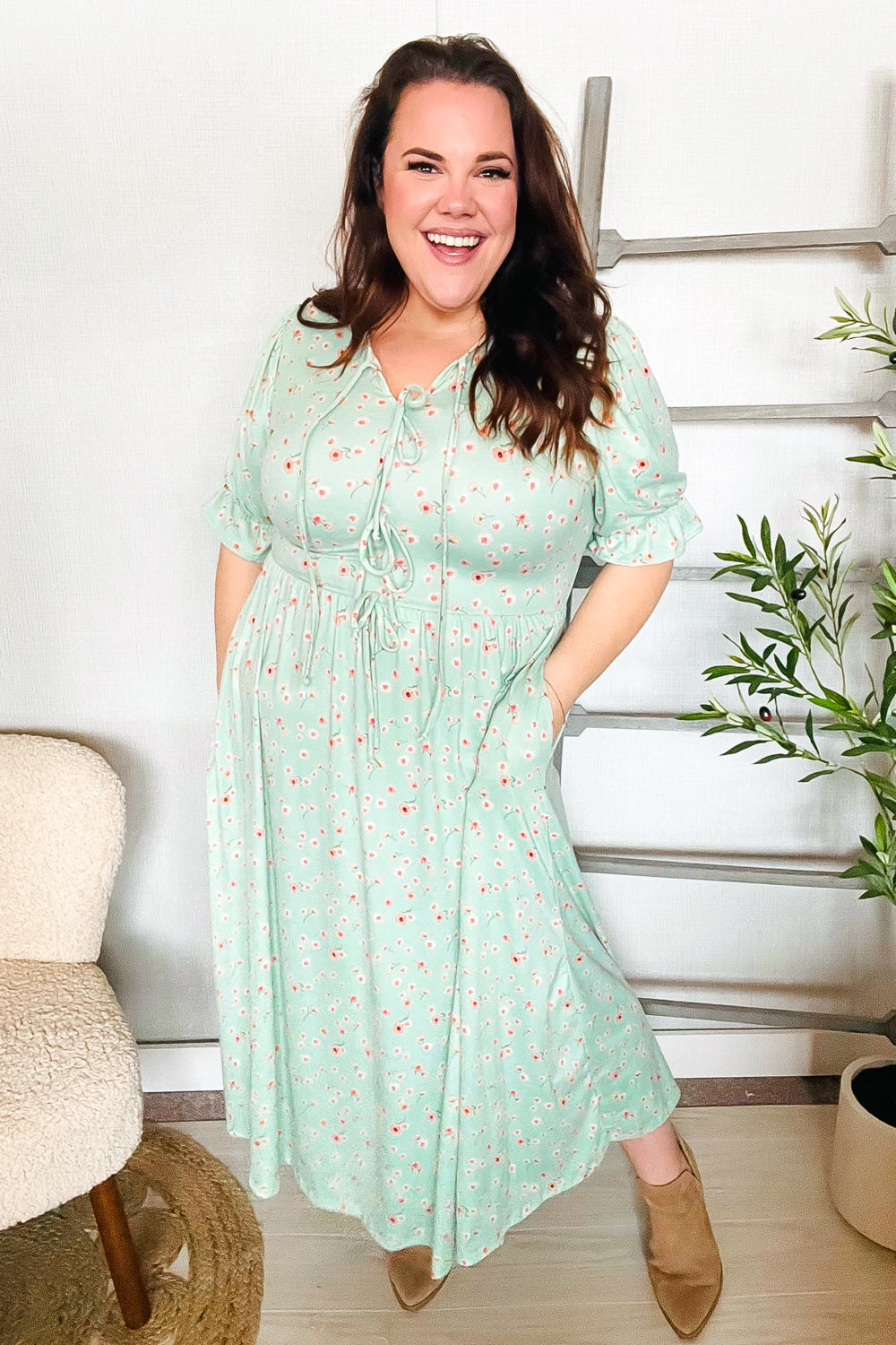 Mint Ditsy Floral Front Tie Maxi Dress