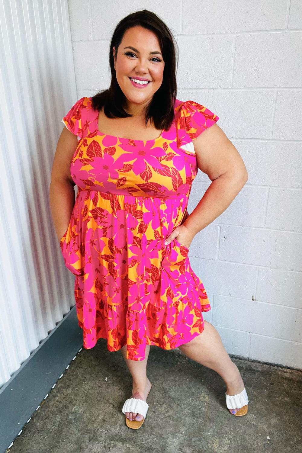 Fuchsia Orange Floral Square Neck Ruffle Hem Dress