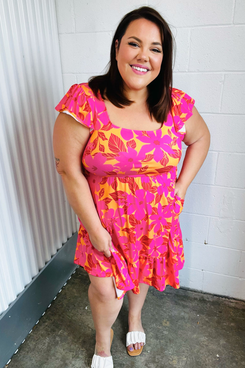 Fuchsia Orange Floral Square Neck Ruffle Hem Dress