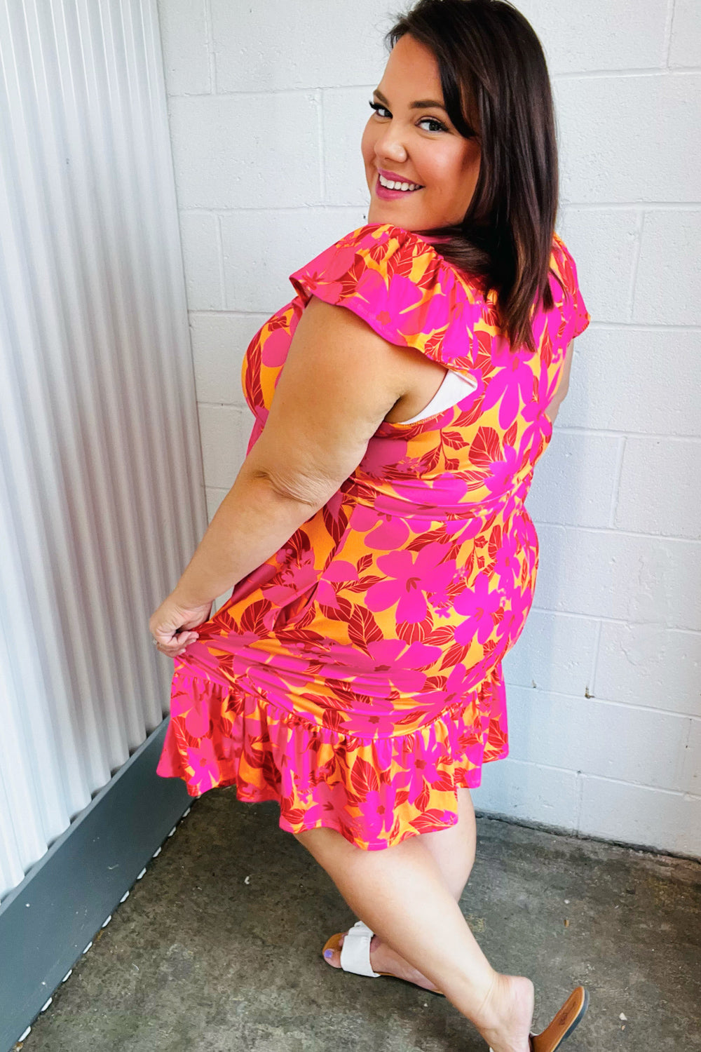 Fuchsia Orange Floral Square Neck Ruffle Hem Dress