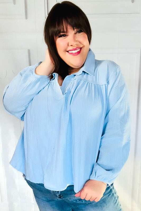 Blue Collared Notched Neckline Cotton Blouse