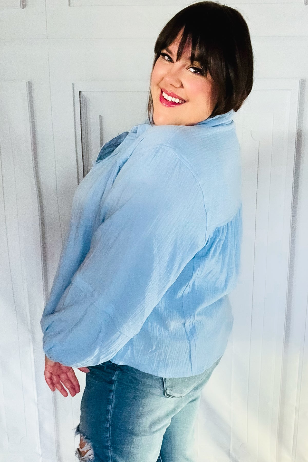 Blue Collared Notched Neckline Cotton Blouse