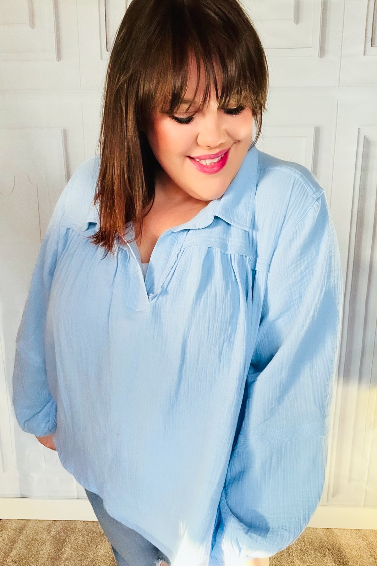 Blue Collared Notched Neckline Cotton Blouse