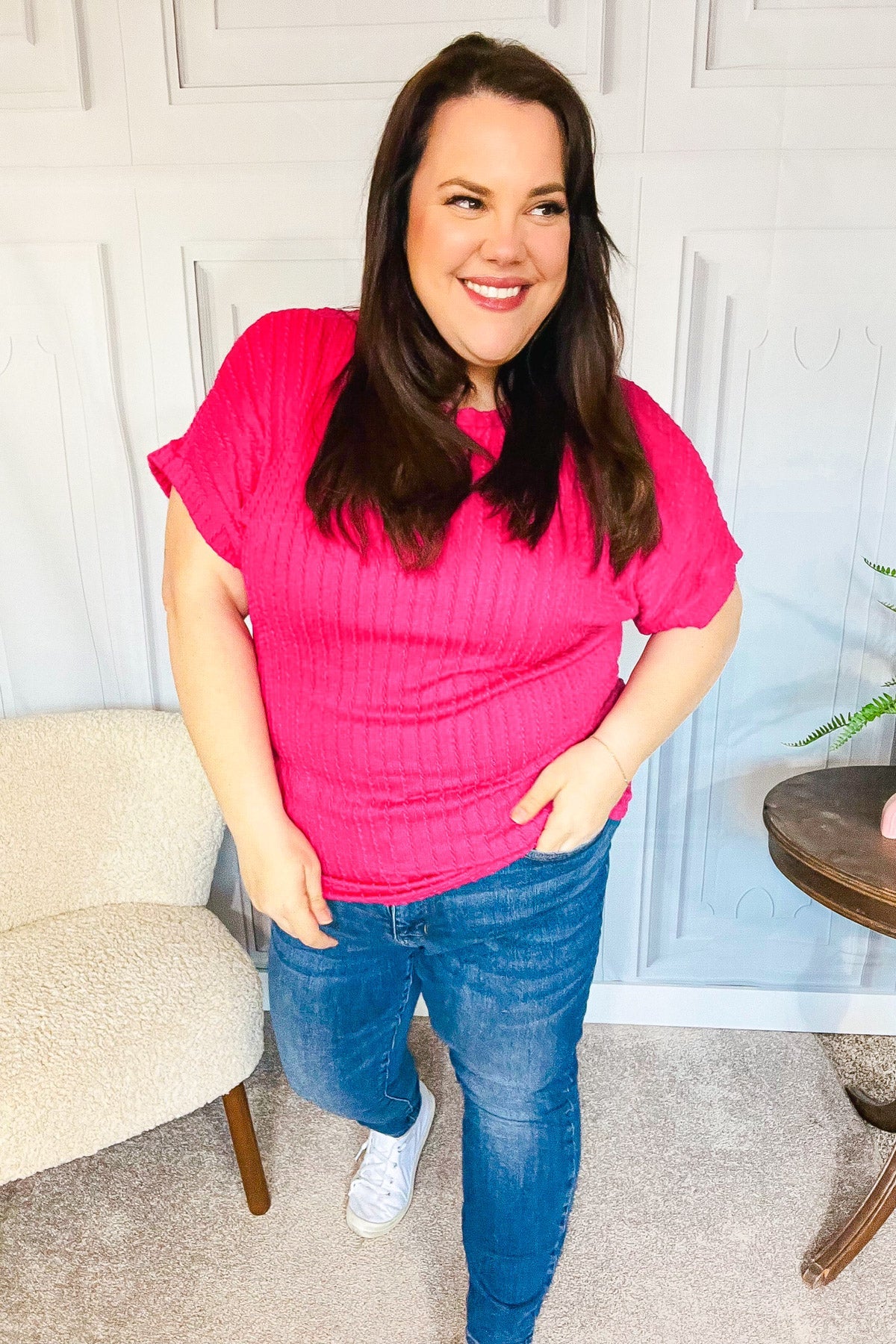 Fuchsia Cable Knit Dolman Short Sleeve Sweater Top