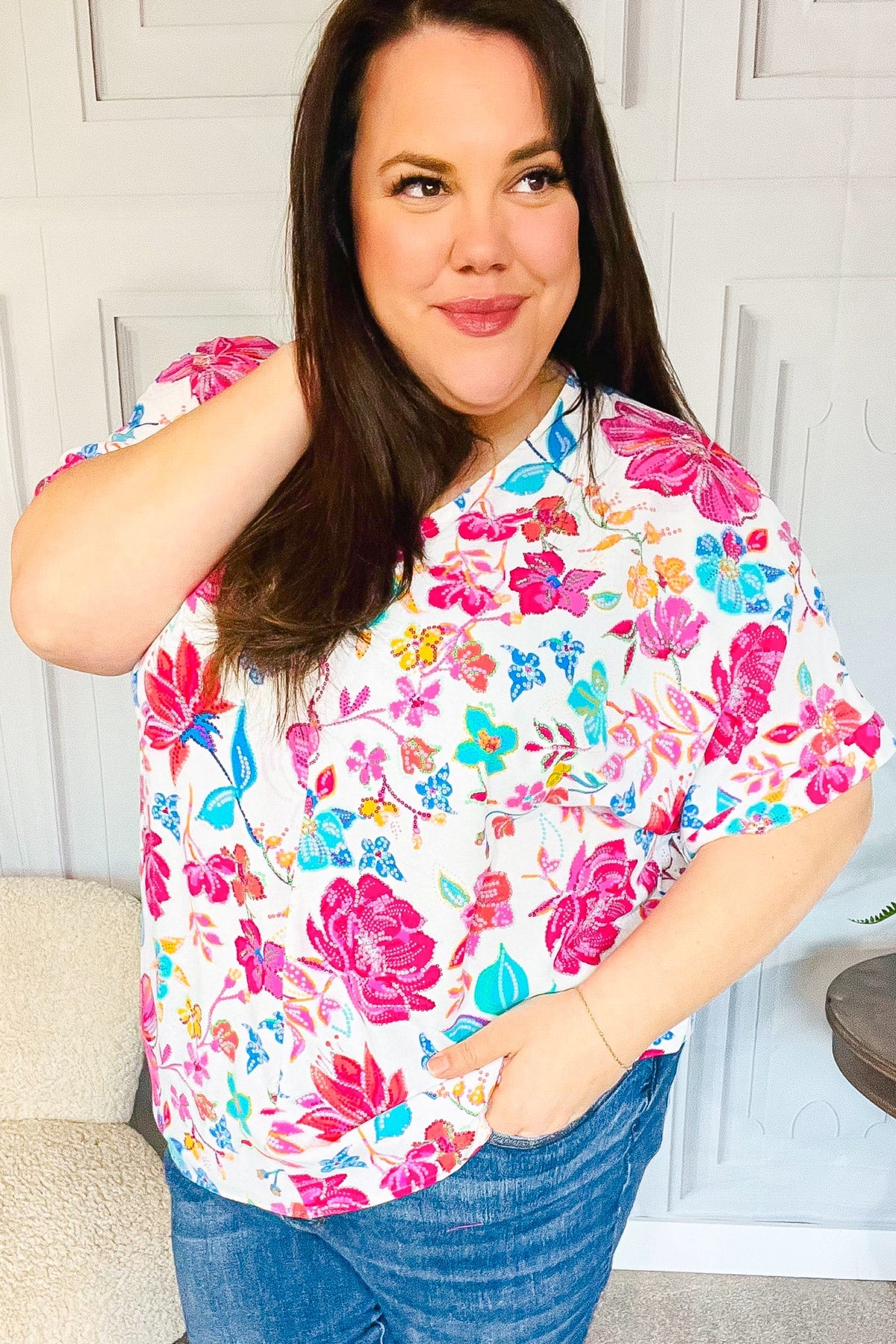 Peach Floral Banded V Neck Flutter Sleeve Top