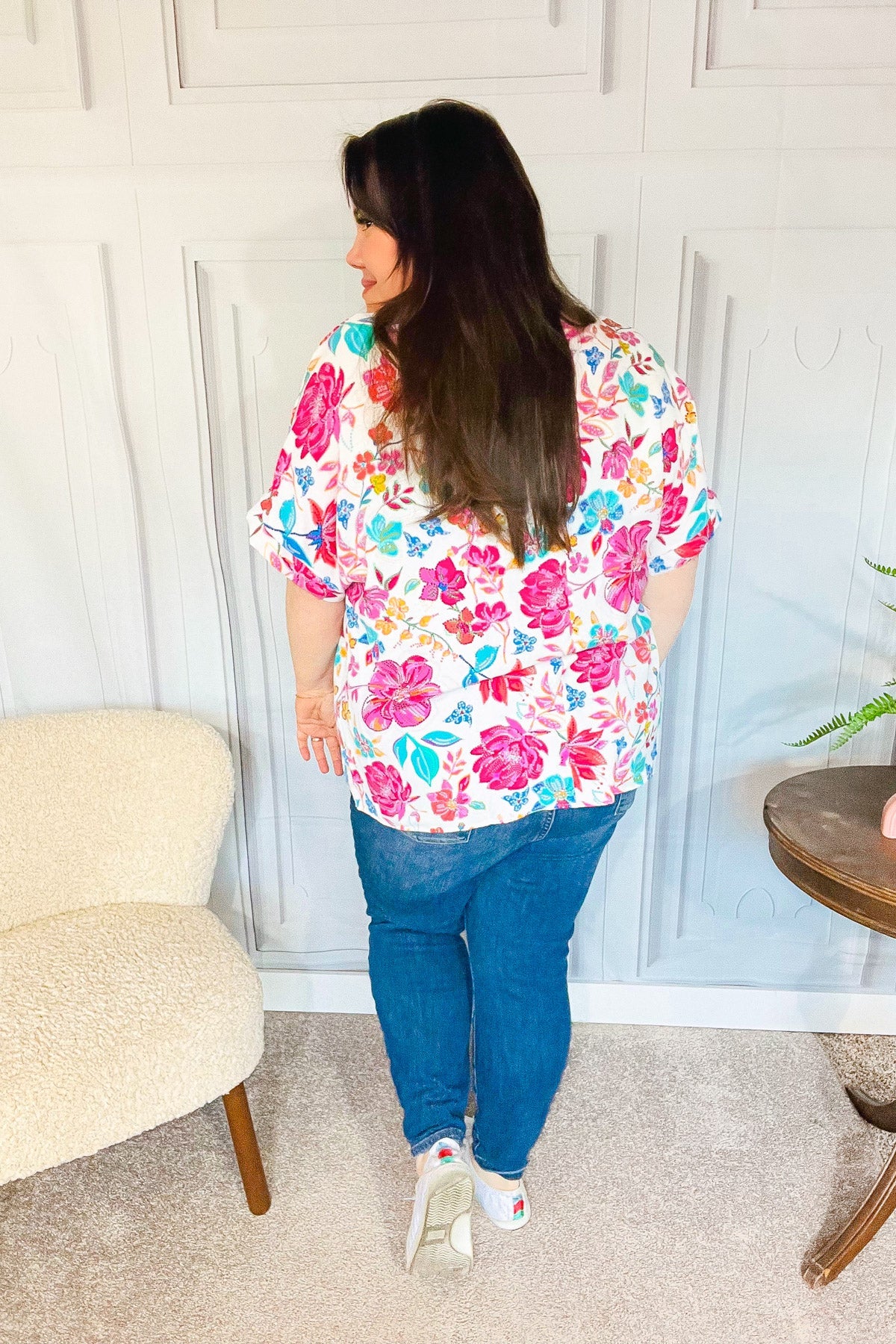 Peach Floral Banded V Neck Flutter Sleeve Top